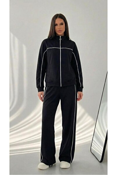 Koza Butik Women's Long Sleeve Zippered Ara Piped Detail Wide Leg Tracksuit S...