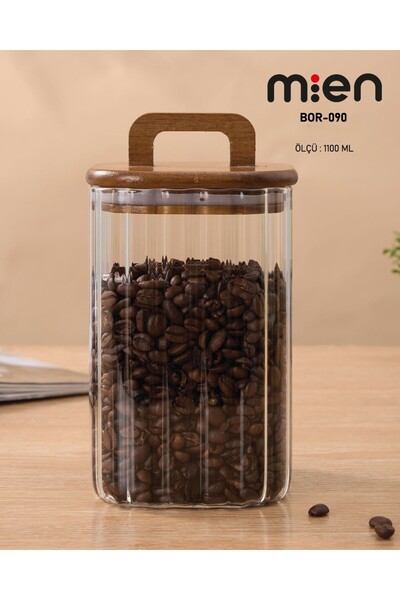 MİEN Acacia Square Vacuum Lid Striped Jar 1100ml