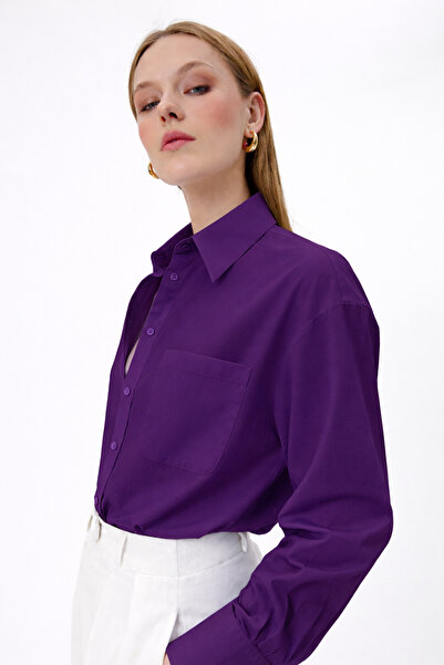 RAMİOR COLLECTION Women's Purple Linen Flared Shirt – Comfortable Fit, Long Sleeves, Buttoned Basic Model