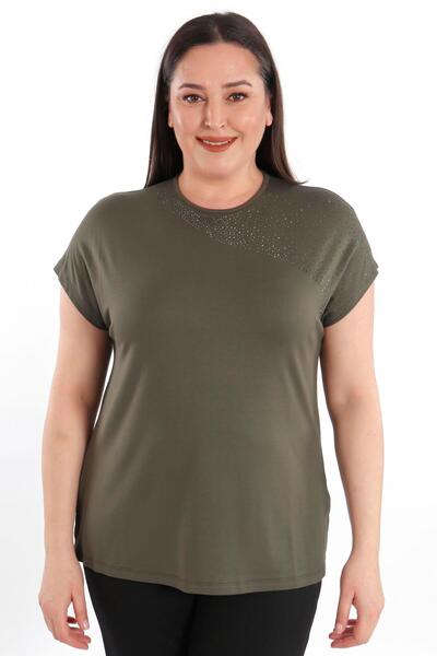 SERTUĞ Trend42Plus Shoulder Part Crystal-Studded Short Sleeve Plus Size Visco...