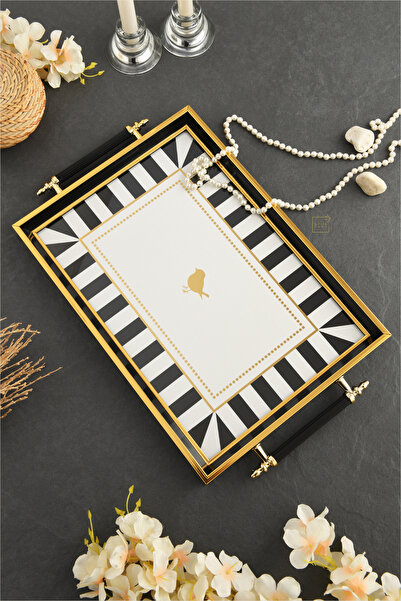 Leila Love Bird Patterned Gold-Black Framed Luxury Presentation Tray 46X28 cm...