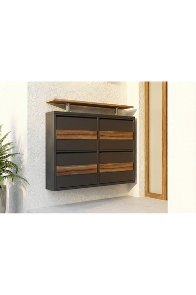 Formet Tablalı 4'lü MDF Kaplamalı Metal Ayakkabılık - Atrasit Natural Ceviz