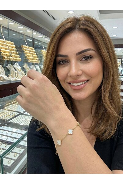 aytekgold 14 Ayar Üçlü Beyaz Yoncalı Bileklik