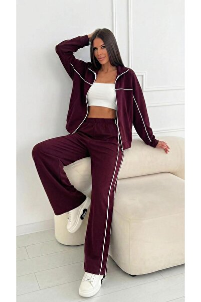 Koza Butik Women's Long Sleeve Zippered Ara Piped Detail Wide Leg Tracksuit S...