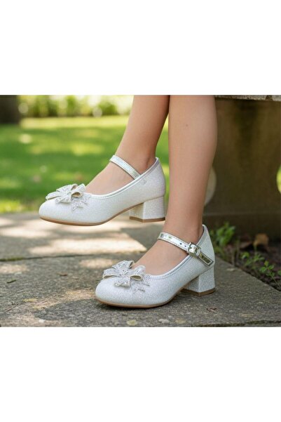 Gala pantofi cu toc pentru copii cu fundă argintie