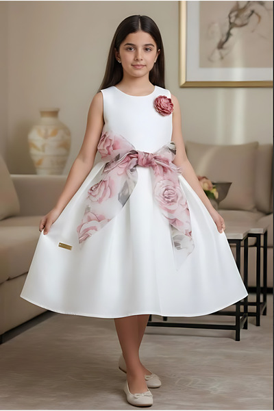 Alesaei-mondo tondo Elegant white girls' dress with a pink bow 7175