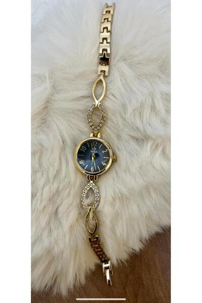 SPOLO SİYAH KADRAN GOLD RENK ZİRKON TAŞLI SONSUZLUK SAATİ.