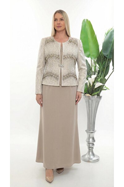 MİSS DİAMOND Elegant Beige Long Skirt Three-Piece Set with Stone Detail Jacket