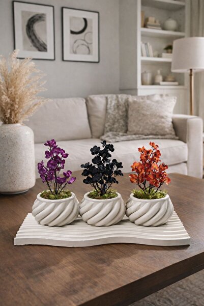 Stonebloom 4lü Dekoratif Set Saksı Tabaklı Çiçekli