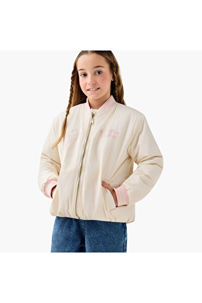 Juniors Embroidered Bomber Jacket with Zip Closure and Pockets