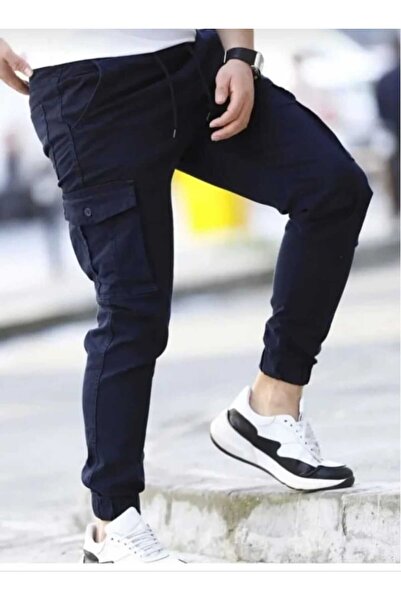 LEFNY COLLECTİON Men's Navy Blue Quality Cotton Flexible Jogger Pants with Ca...