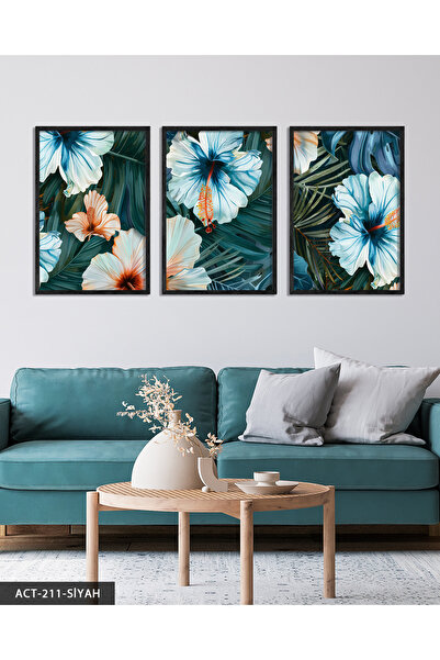 Evinemoda Листа и цветни цветя 3-частна картина с дървена рамка ACT