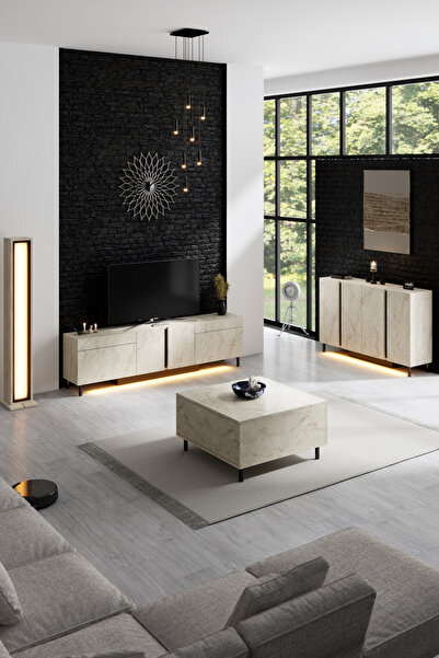 Modatte PARİS KONSOL LED IŞIKLI METAL AYAKLI MODERN TRAVERTEN TV SEHPASI