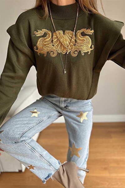 Ecenin Favorileri Green Half Turtleneck Dragon Embroidered Women's Sweater