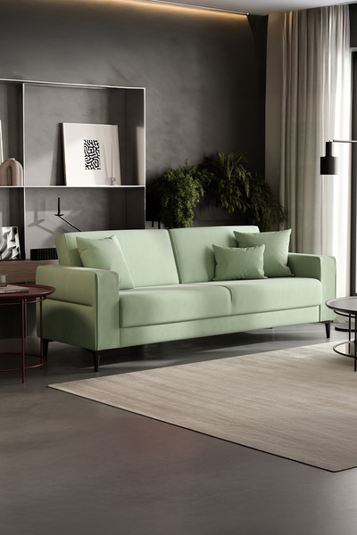 Enza Home Briza Plus 3'lü Yataklı Koltuk, Kadife Dokulu - Su Yeşili