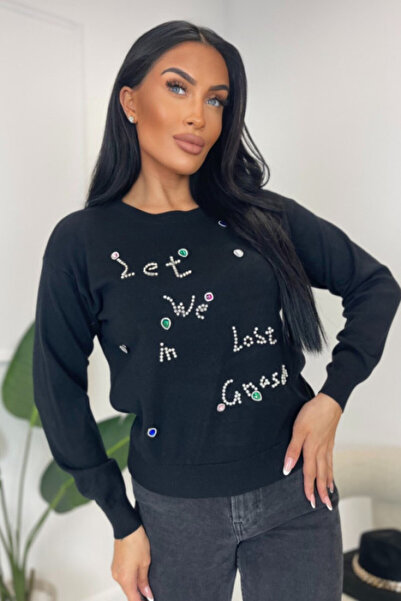 Butik Ayseba Women's Black Pearl and Stone Italian Sweater