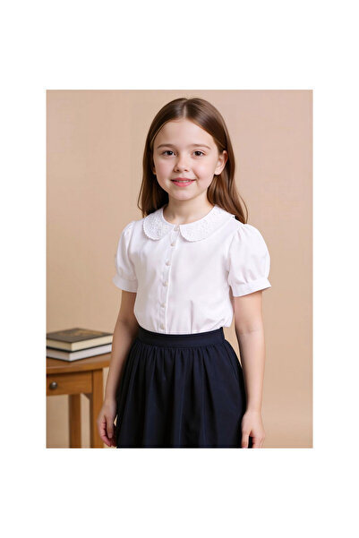 Juniors Solid Shirt with Peter Pan Collar and Puff Sleeves