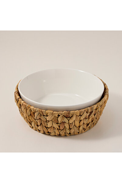 LA MESA وعاء سلطة دائري من البورسلين مع سلة من الخيزران