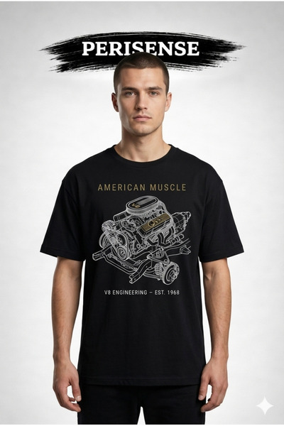 PERISENSE تي شيرت للجنسين من American Muscle car BLUEPRINT مطبوع مصنوع من الق...