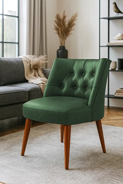 WATERYBROOK Berjer Sandalye - Kapitoneli Suni Deri - Ceviz Ahşap Ayaklı - Ret...