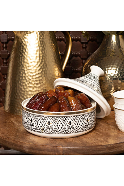 Dallaty وعاء تمر أبيض وأسود مع غطاء 19.5*16.6*17 سم
