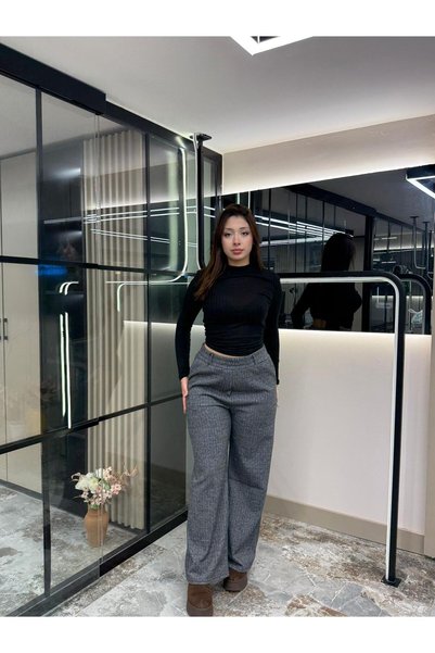 mor butik Women's Black Herringbone Pattern Jacquard High Waist Relaxed Fit Trousers