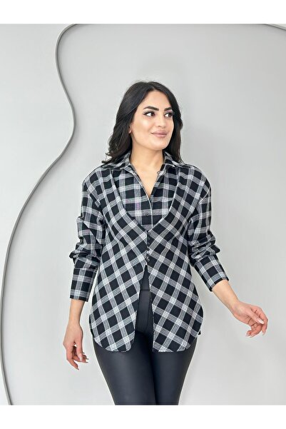 Aysel Boutiquee Echo Siyah Beyaz Omzu Vatkalı Düğmeli Ekose Desenli Tasarım G...