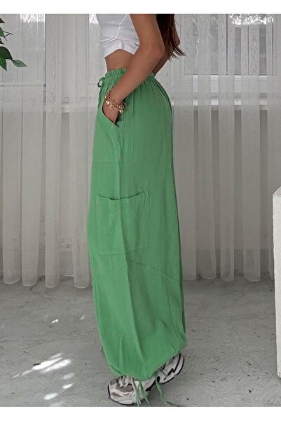 LUVESSE بنطلون إراتو بتصميم أخضر من الكتان جيب جانبي كبير