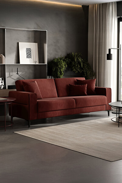 Enza Home Briza Plus 3'lü Yataklı Koltuk, Kadife Dokulu - Kiremit