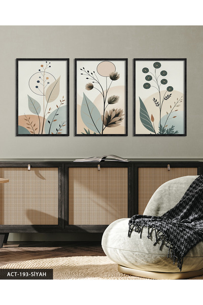 Evinemoda Boho Tarzı Soft Yapraklar 3 Parça Ahşap Çerçeveli Tablo ACT