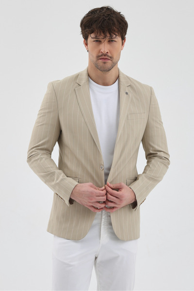 Frappoli Jachetă sport pentru bărbați, bej, cu dungi late, din țesătură poliv...