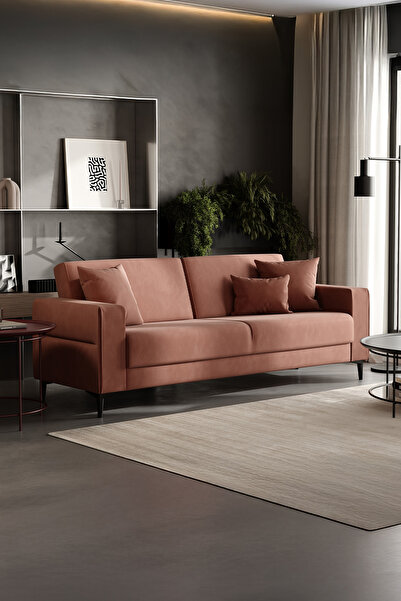 Enza Home Briza Plus 3'lü Yataklı Koltuk, Kadife Dokulu - Kiremit