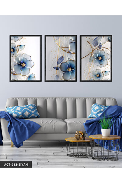 Evinemoda Gold Detaylı Mavi Çiçek 3 Parça Ahşap Çerçeveli Tablo ACT