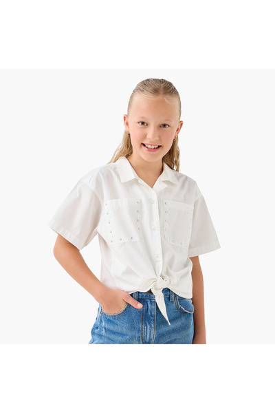 Lee Cooper قميص بناتي بجيوب - قطن - أكمام قصيرة - ياقة مدببة