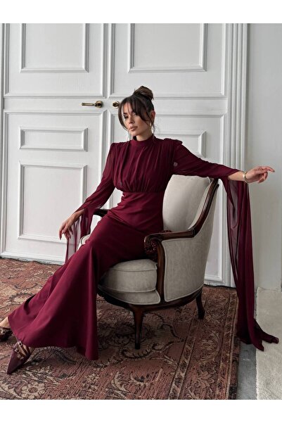 EtikaOnline Korsaj Baglamalı Tül Kol Uzun Elbise