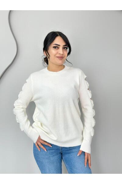 Aysel Boutiquee Elio Beyaz Bisiklet Yaka Yan Kol Taş Zımba Detaylı Angora Tri...