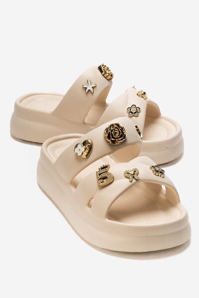 CCWAY AYAKKABI Women's Cross Piped Accessory Slippers; Ecru