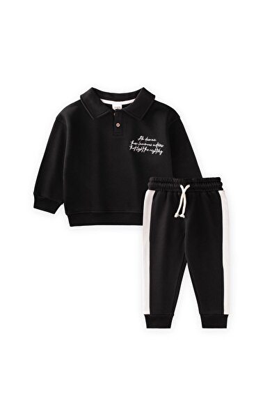 Cigit Collared Embroidered Sweatshirt Set 2-10 Years Old Black