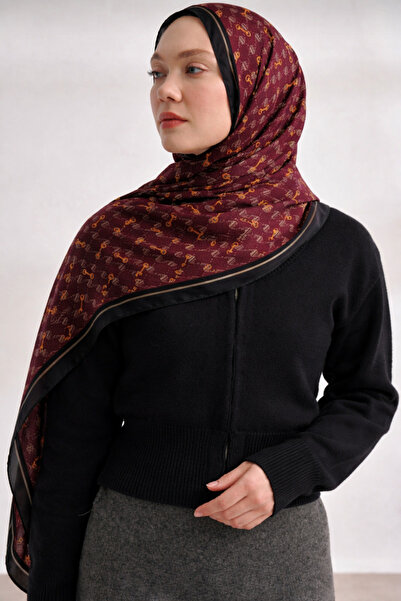 ARMANDA İTHAL VOAL MONOGRAM DESEN ŞAL SİYAH BORDO