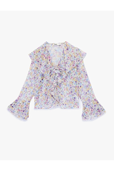 Koton V-Neck Tie Detail Long Spanish Sleeve Ruffled Floral Chiffon Blouse