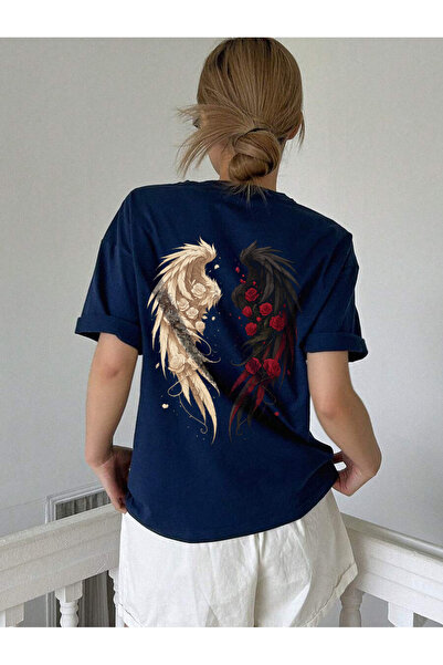 uyguntarz Unisex Gül Ve Kanat Baskılı Tasarım Tshirt