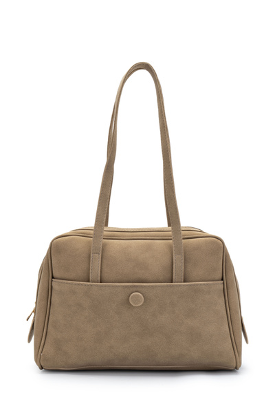 minebag Suede Rocky Women's Shoulder Bag with Front Pocket Detail Mink