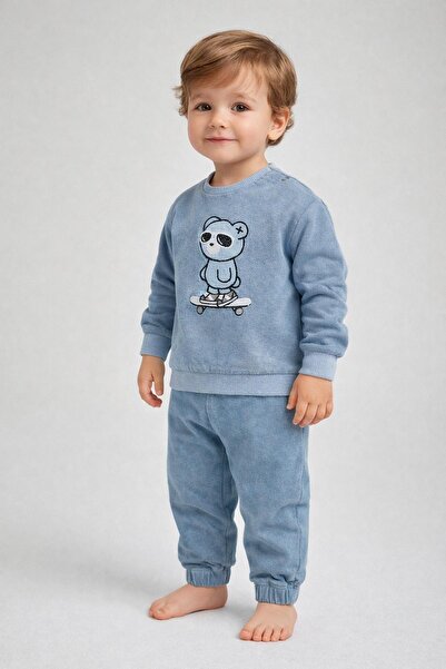 dinamik çocuk Erkek Bebek Esnek Kot 2li Alt Üst Takım Kaykaycı Ayıcık Baskılı...