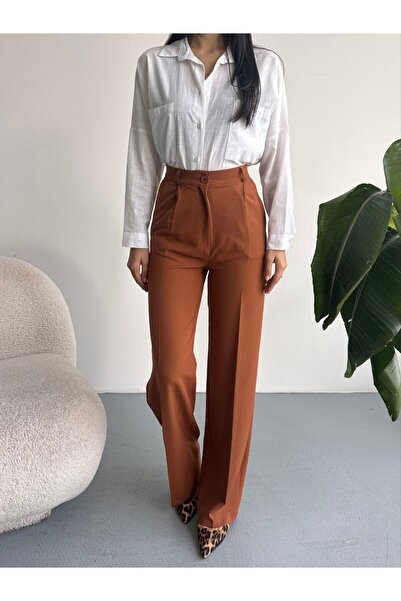 moda çağdaş بنطلون نسائي كلاسيكي من القماش ذو خصر عالٍ ومطوي