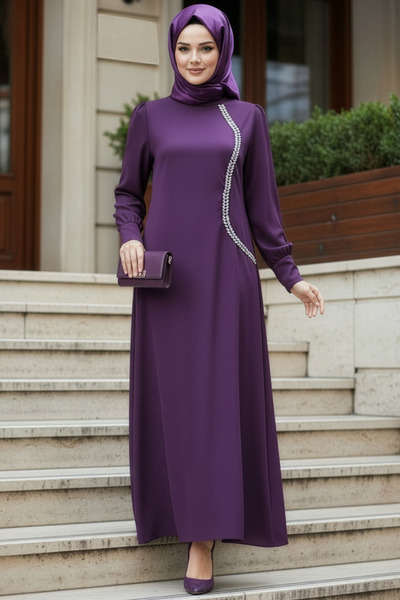 N.S NEVA STYLE - Bead Detailed Lilac Hijab Satin Evening Dress 62281Lila