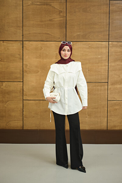 LOCCO Γυναικείο πουκάμισο με λεπτομέρεια ρόμπας με ζώνη κανονικό ποπλίνα λευκό