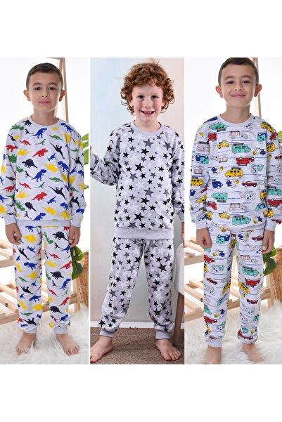 TUGSE Set of 3 Car-Dinosaur-Star Patterned Pajama Sets