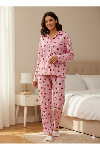 Mavera Miss gömlek yaka süet kedi baskılı pijama takımı