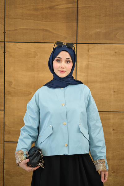 LOCCO Trenci scurt de damă guler rotund cu căptușeală cu model, cu închidere ...