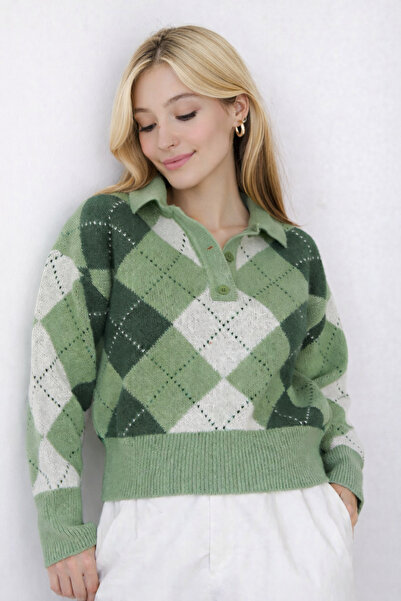 Duuf Soft Textured Diamond Pattern Women's Knitwear Polo Neck Sweater